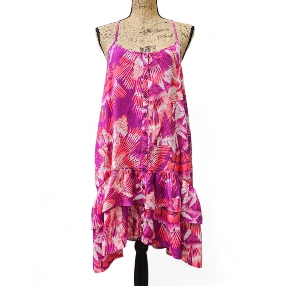 Free People Vibrant Pink and Purple High Low Dress In Peacock Print, Size S